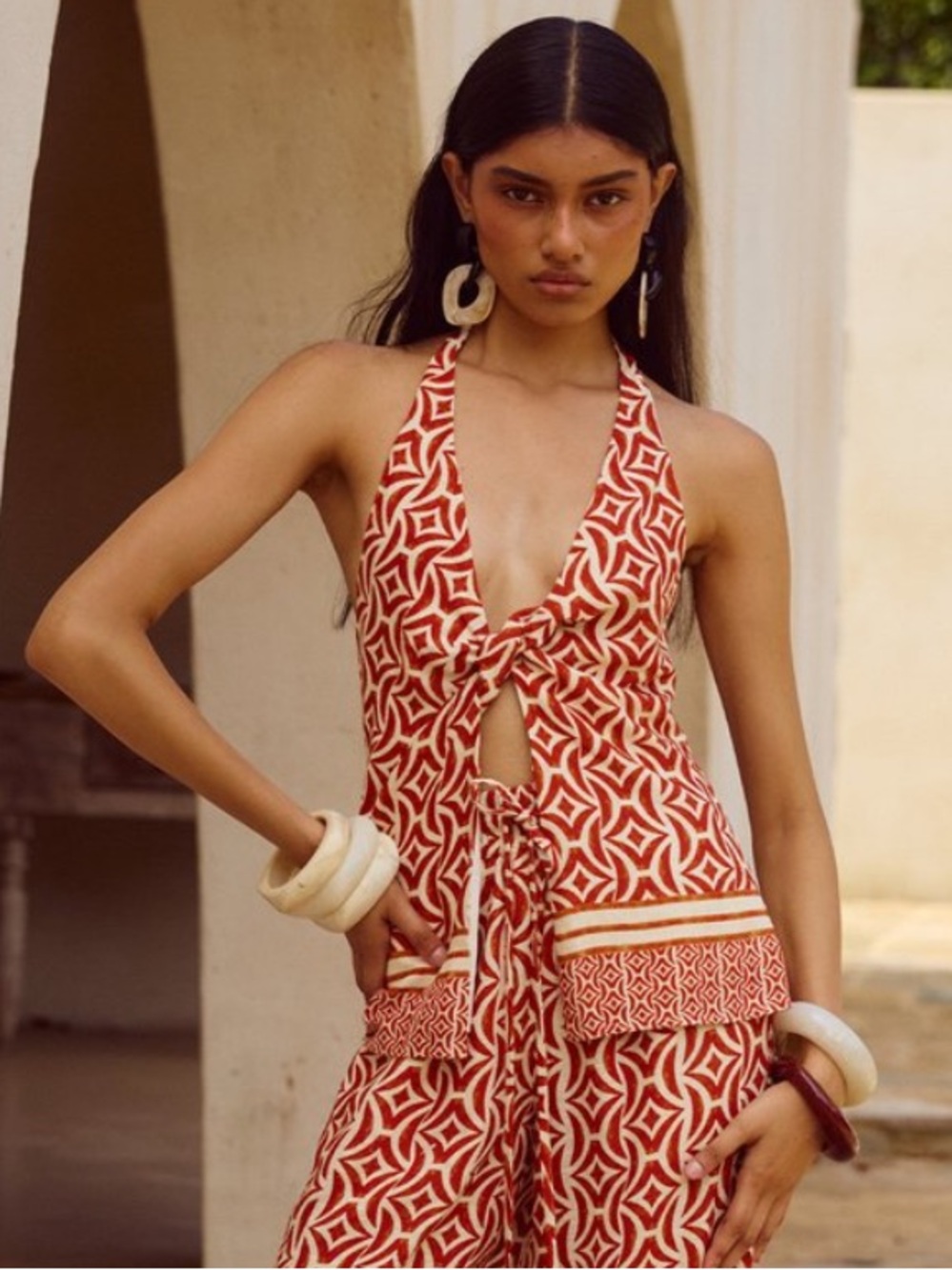 Seven Wonders Alara Halter Tie-Front Tank Top in Rust Red Sz M Linen Blend